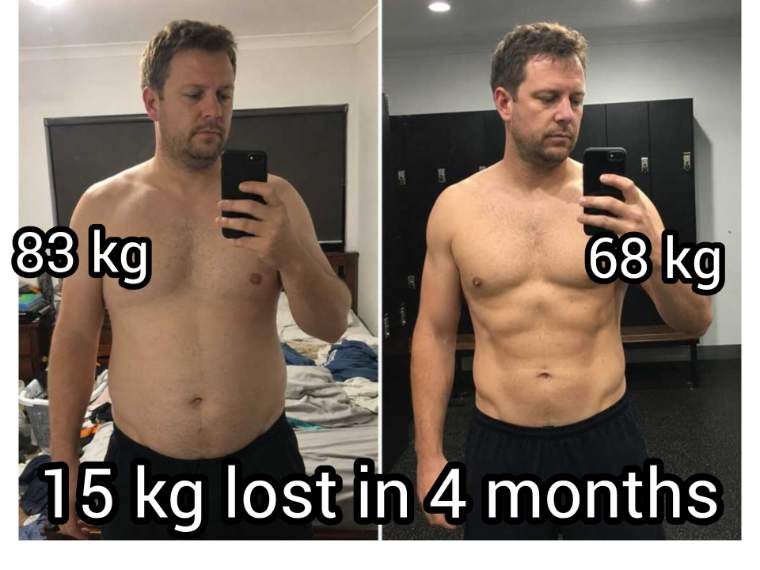 Client before and after, 83 kg to 68 kg
