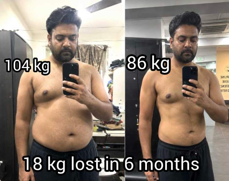 Client before and after, 104 kg to 86 kg